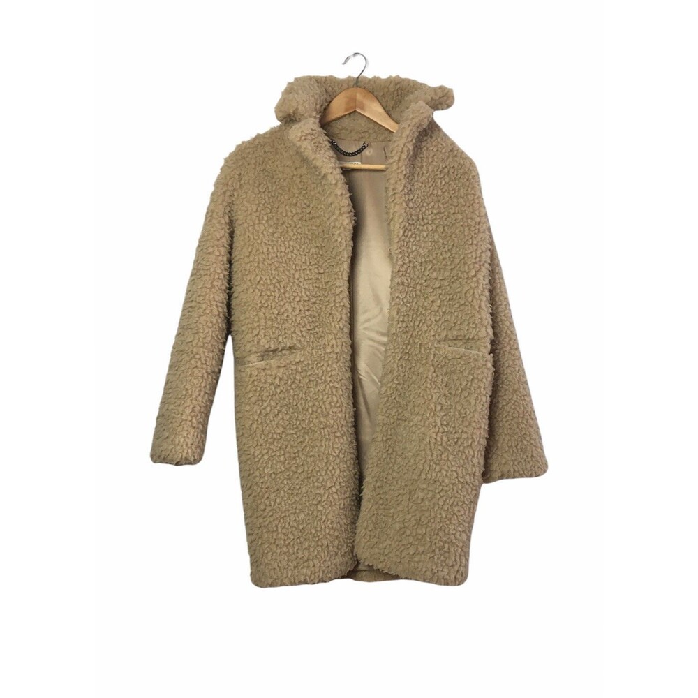 Whistles Long Coat Jacket Faux Fur Teddy Sherpa Beige Size XS Winter Pockets